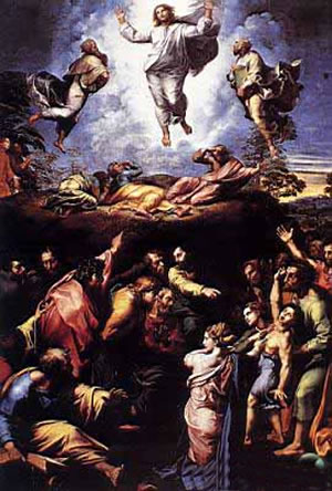 Transfiguracion-Rafael Tomó Jesús consigo a Pedro, a Santiago y a Juan su hermano; y subiendo con ellos a un alto monte, se transfiguró en su presencia. (San Mateo, 17, 1-2).