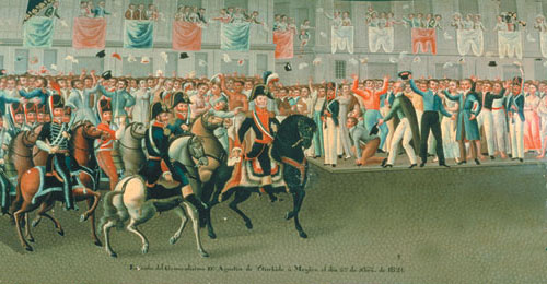 Iturbide y su ejército pasando por un costado del Palacio Virreinal el 27 de septiembre de 1821 y a punto de llegar a las puertas del palacio, en donde fue recibido por Juan O'Donojú.  Desde allí observó el paso de los 16,000 hombres que formaban el gran Ejército Trigarante.