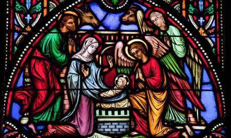 Nativity Scene on Christmas. This window was created in 1866, no property release is required.